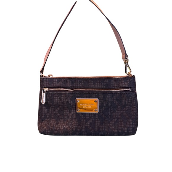 Michael Kors Black and Brown Wristlet mini bag designer leather MK clutch zip